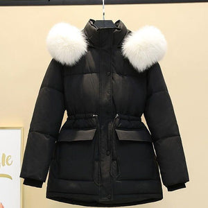 Women's Winter Jacket Students Solid Hooded Large Fur Parkas Drawstring Slim Fashion Warm Coat Female Snow Wear Outwear