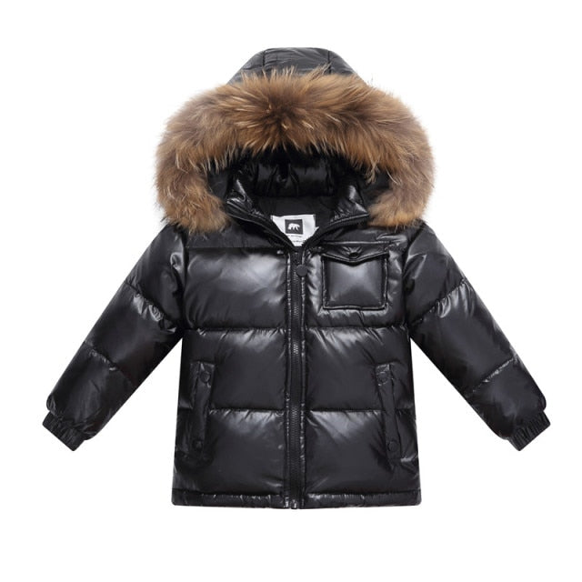 Winter Jacket For Youth color black, moderate shine finish real fur hood decoration