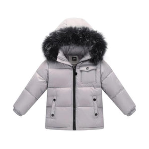 Winter Jacket For Youth color metallic gray, no shine finish, real fur hood decor